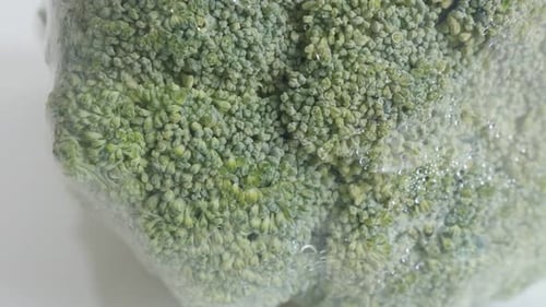 Fresh Green Broccoli Head in Plastic Wrapping