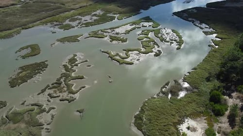 Aerial top down of flooded swamp wetland with green islands during sunny day - Tilt down shot