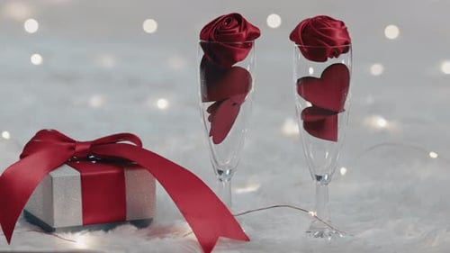 Romantic Roses and Hearts in Champagne Flutes