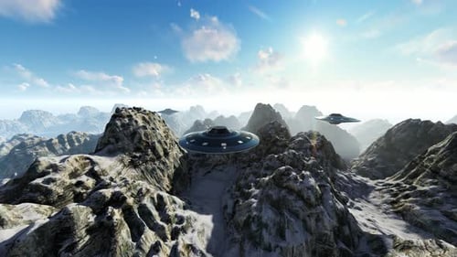 Futuristic UFO Spaceships Flying Over Snowy Mountain Landscape
