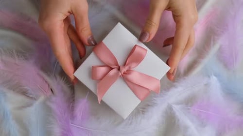 White Gift Box on Pastel Feathers and Satin