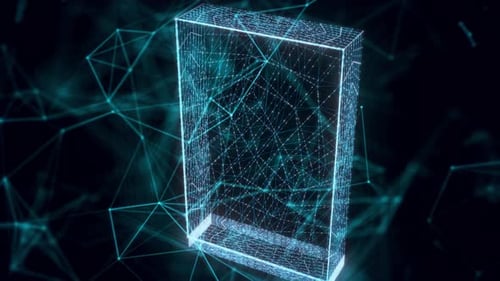 Futuristic Wireframe Box Rotating on Digital Network Background