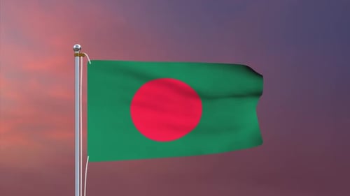 Bangladesh Flag Waving on Pole Against Sunset Sky