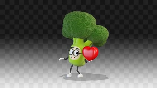 Cute 3D Broccoli Character Holding a Red Heart Animation