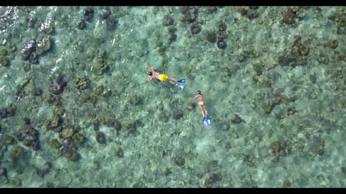 Man and woman suntan on exotic bay beach vacation by blue ocean with white sand background of the Ma