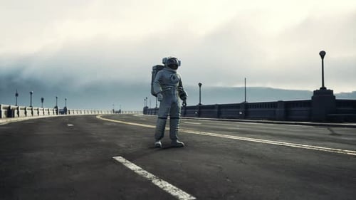 Astronaut in Space Suit on the Road Bridge