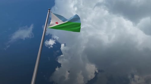 Djibouti Flag Waving in Realistic 3D Against Cloudy Sky