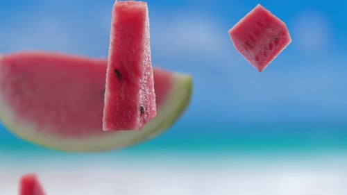 Flying of Watermelon and Slices in Blue Beach Background