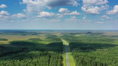 Luftaufnahme von oben auf die Landstraße im Wald