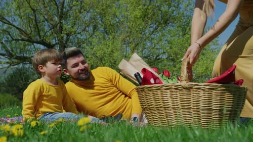Happy Family Picnic in a Sunny Spring Meadow