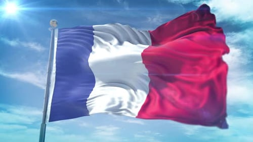 Realistic Waving French Flag Against Blue Sky Loop