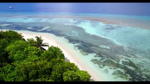 Aerial nature of exotic lagoon beach journey by shallow sea and white sandy background of a daytrip