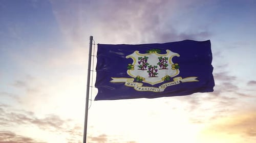 Connecticut State Flag Waving at Sunset