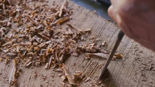 Carving wood with a chisel close up view