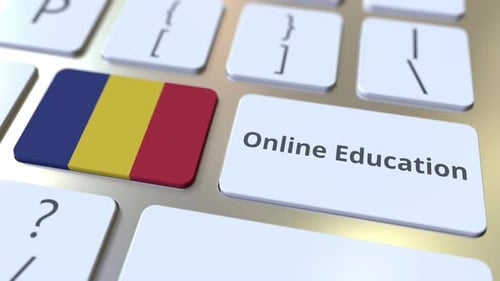 Online Education Text and Flag of Romania on the Buttons