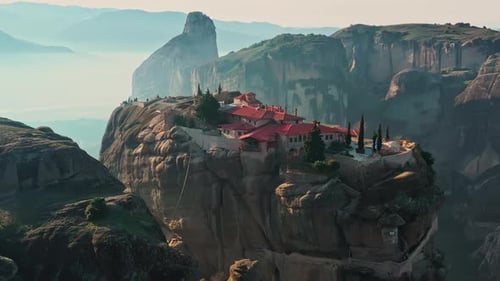 Aerial View of Monastery Trinity and Breathtaking Pictures of Valley and Landmark Canyon of Meteora
