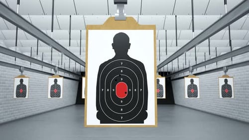 Schießstand mit einem Ziel, das von Kugeln durchsetzt wird. Trainingspraxis oder Wettkampf