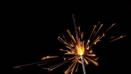 Sparkler Burning with Golden Sparks on Black