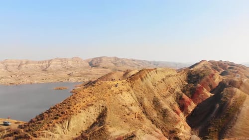 Dramatic Desert Mountains and Lake Aerial