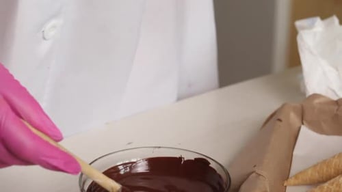 Preparing Chocolate Coated Waffle Cones