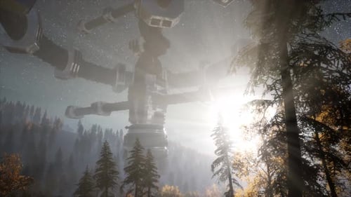 UFO schwebt nachts mit Lichtstrahl über einem Wald