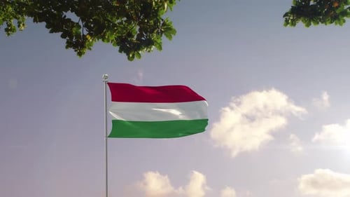 Realistic Hungary Flag Waving with Blurred City Skyline Background