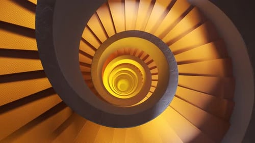 Moderne, zeitgenössische, leuchtend orange Wendeltreppe. Kamera dreht sich langsam. 4KHD