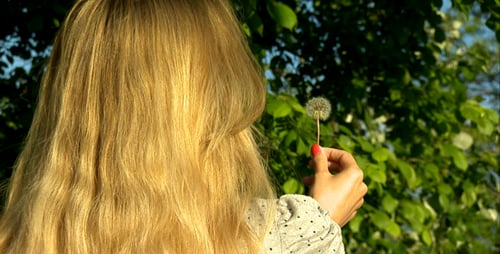 Woman Holding Dandelion Outdoors in Natural Setting