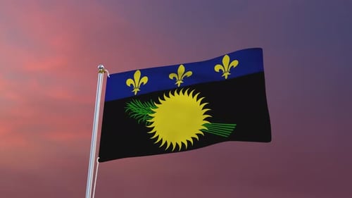 Guadeloupe Flag Waving Animation on Sunset Sky