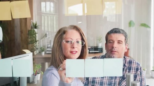 Middle Age Business Woman Writing Ideas on Sticky Notes While Talking with Her Team in the Office