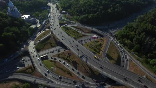 Aerial View Car Motion on Overpass Freeway, Car Traffic on Road Interchange