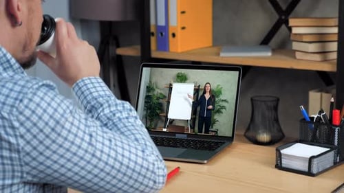 Man at Home Office Study Watch Online Webinar Course Lesson Laptop Video Chat