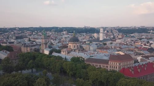 Aerial City Lviv, Ukraine. European City. Popular Areas of the City. Town Hall
