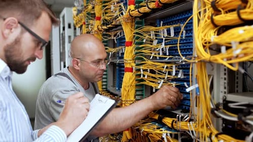 Network Technicians Inspect Cables in Server Room