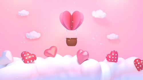 Cute Romantic Hot Air Balloon and Hearts Floating in Pink Sky