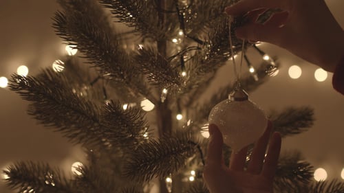 Decorating Christmas Tree With White Ornament at Home