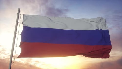 Realistic Russian Flag Waving Against Sunset Sky