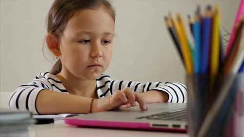 Girl Studying at Home Using Laptop and Notebook