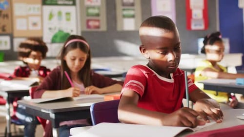 Children Study in School Classroom Doing Homework