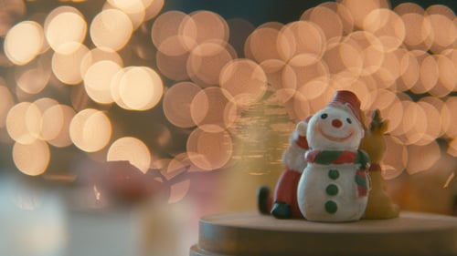 Christmas Figurines on Rotating Music Box with Bokeh Lights