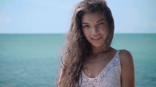 Portrait of Young Beautiful Girl Near the Pool, View on Ocean, Relax and Having Fun on Vacation