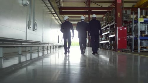 Drei Inspektoren gehen in Richtung Werksausgang