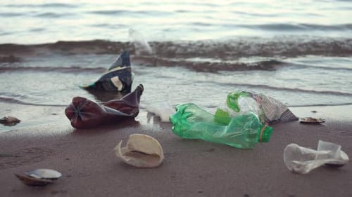 Plastic Waste Littering a Beach Shoreline