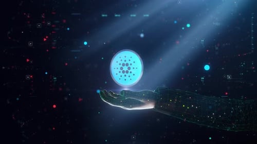 Digitale Tech-Handpräsentation Kryptowährung Cardano-Münzsymbol