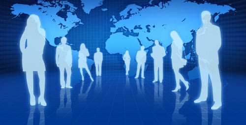 Modern Corporate Network: Global People Silhouettes on World Map