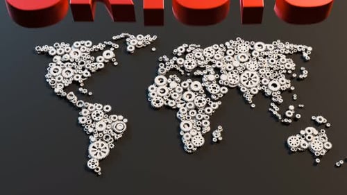 World in crisis. Map with gears breaks apart. Political or economic disaster.