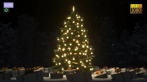 Festive Christmas Tree with Twinkling Lights, Gifts, and Falling Snow