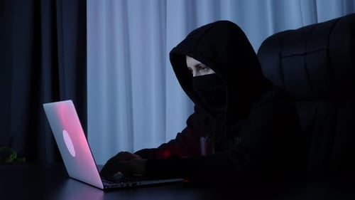 Hacker breaking online security protection on computer. Cyber fraud concept