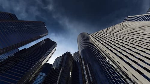 business center among high-rise buildings, smooth movement of the camera along the buildings