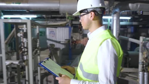 Engineer Works In A Modern Industrial Factory.